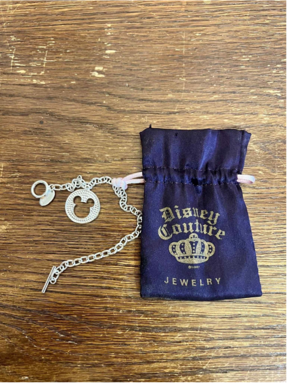 Disney Couture Mickey Mouse Bracelet Silver Tone Crystal Charm 7.5” NWT w/ Bag